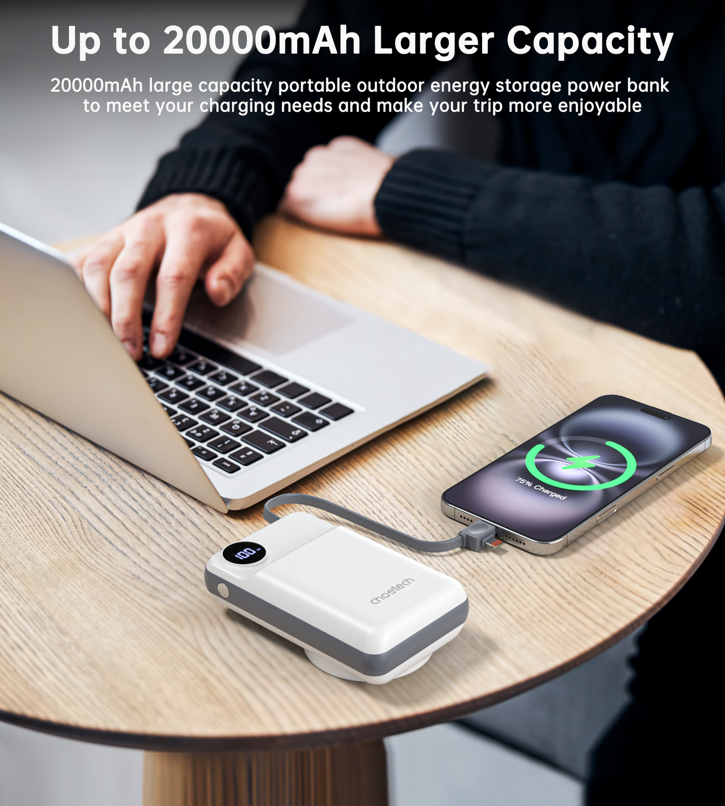 20000mAh Power Bank – LED Display, for Phone & for iWatch, White