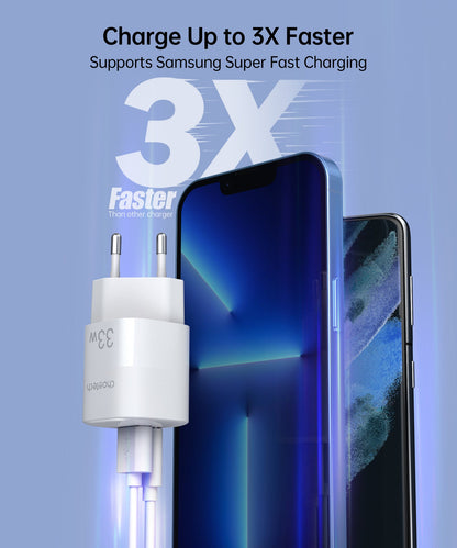 33W Dual Port Wall Charger – USB-C & USB-A PD Adapter