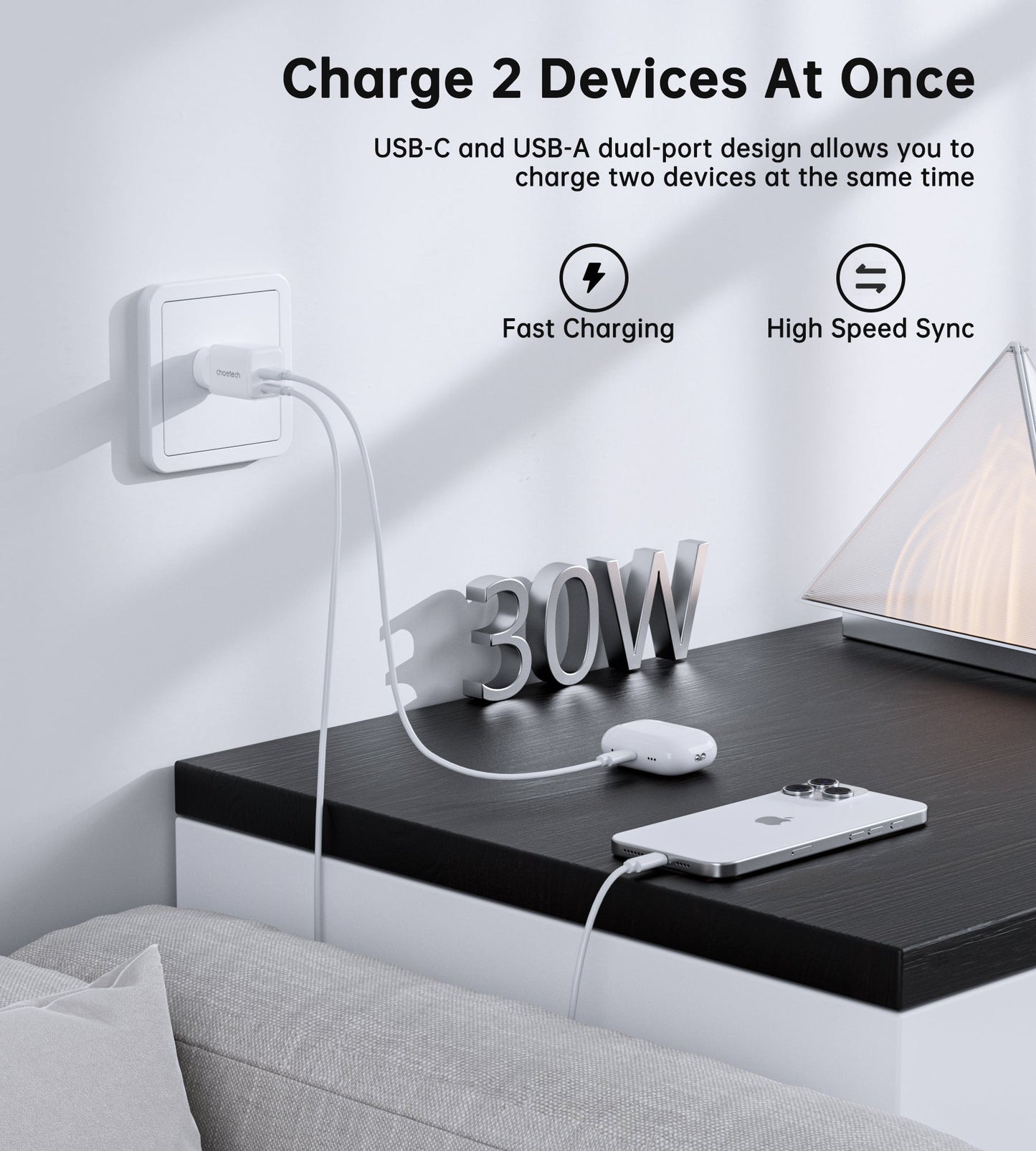 30W GaN USB-C & USB-A Charger – Dual Port, EU Plug