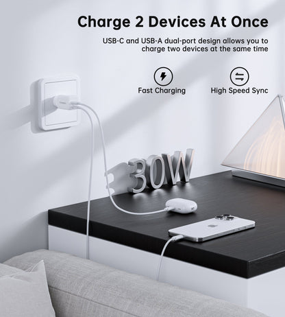 30W GaN USB-C & USB-A Charger – Dual Port, EU Plug