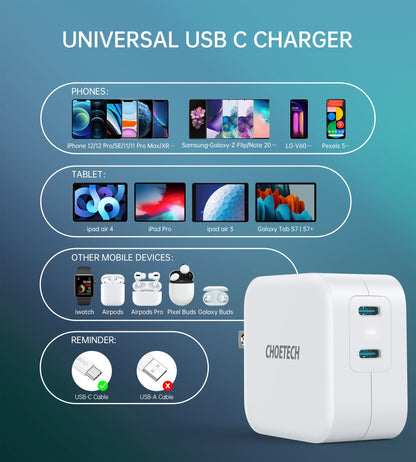 40W Dual USB‑C Wall Charger – 20W+20W PD, Foldable Plug