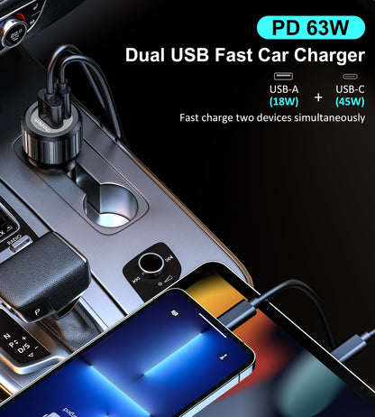 63W Car Charger – Dual USB-C 45W + USB-A 18W Output