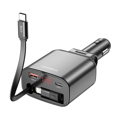 45W Retractable Car Charger – PD30W C + 30W A, Black