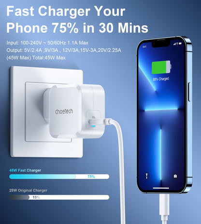 45W USB-C Wall Charger – Compact PD Fast Charging Adapter