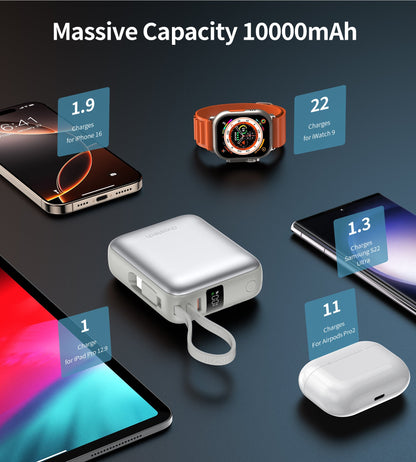 10000mAh Mini Power Bank – 35W with USB-C Cable, Silver