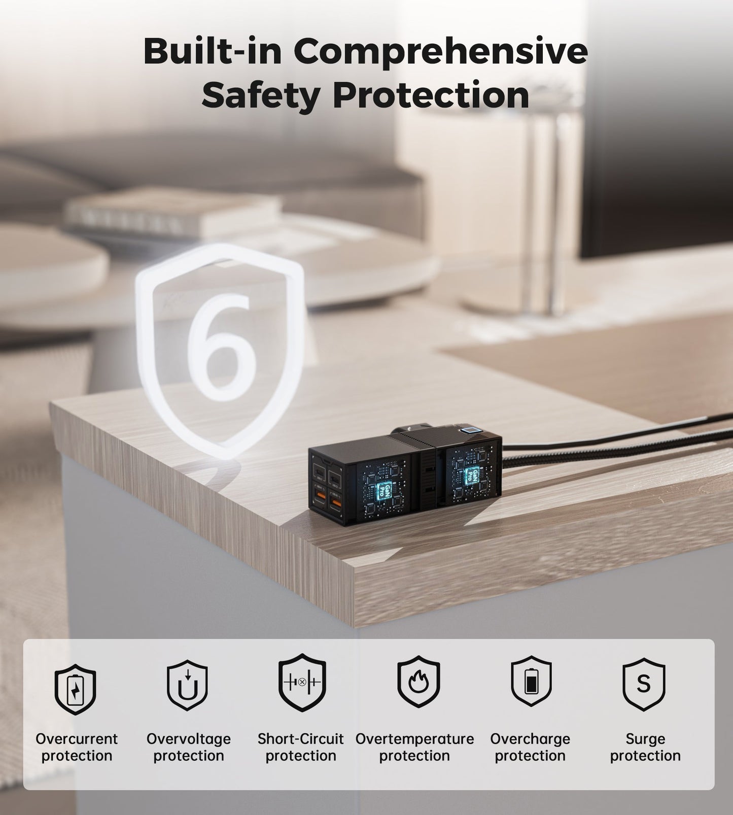 65W GaN Power Strip – 5-in-1 USB Charging Station, 4 Ports