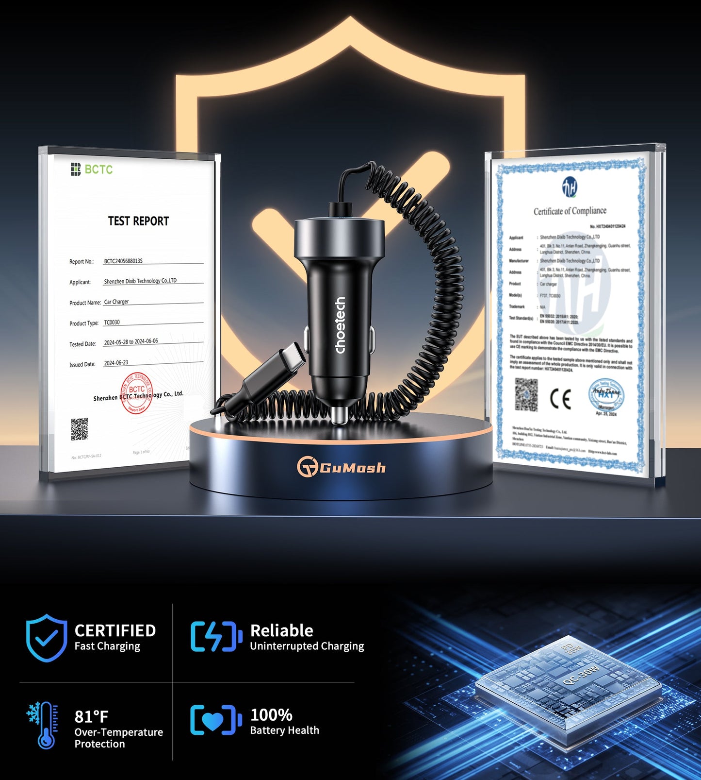 65W Car Charger – USB-C & A Ports with Stretchable Cable