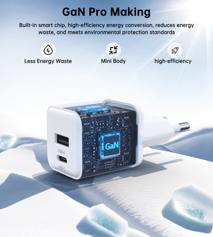 30W GaN USB-C & USB-A Charger – Dual Port, EU Plug