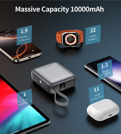 10000mAh Mini Power Bank – 35W with USB-C Cable, Grey