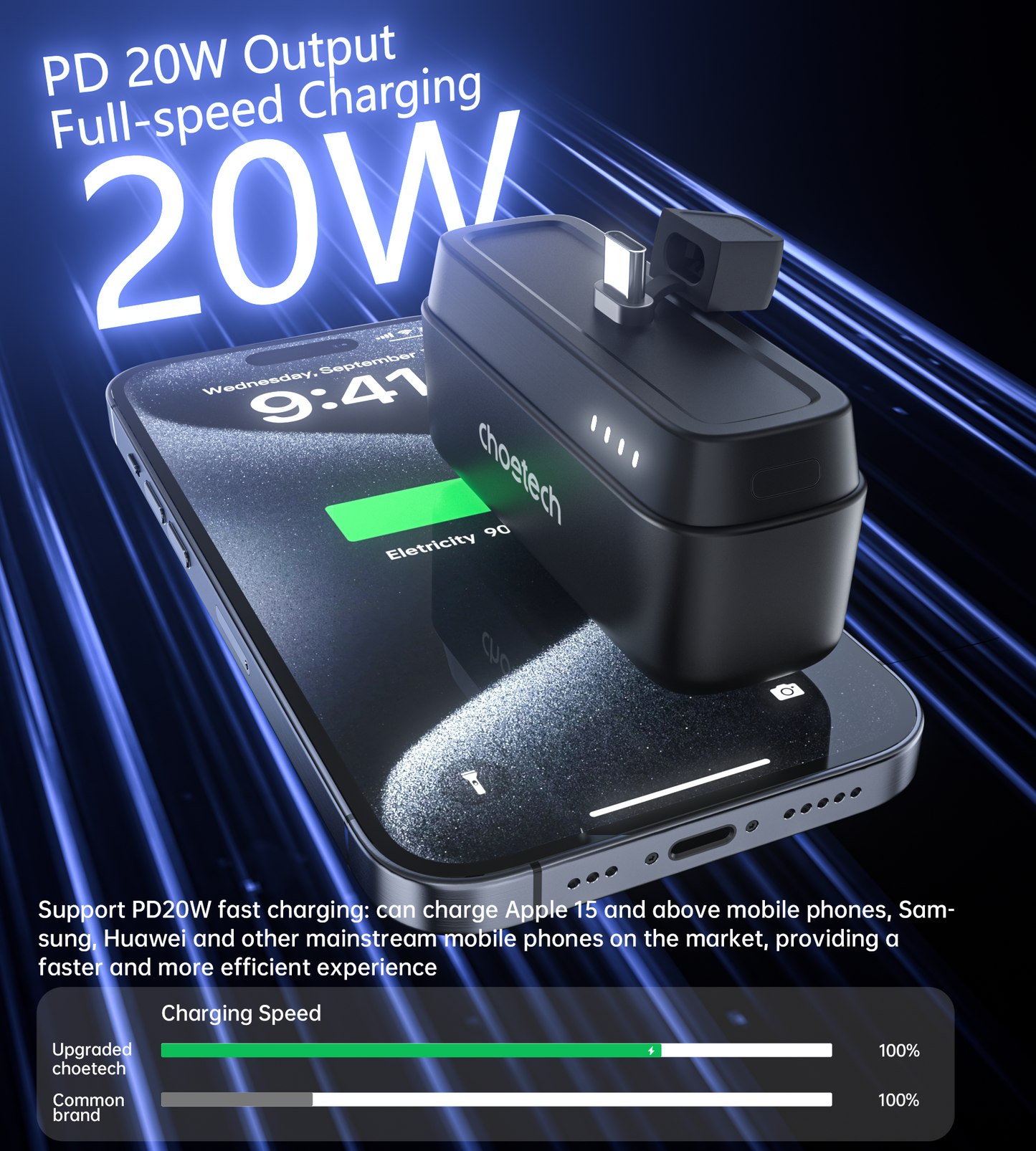 5000mAh Mini Power Bank – 20W PD with Type-C Plug, Black