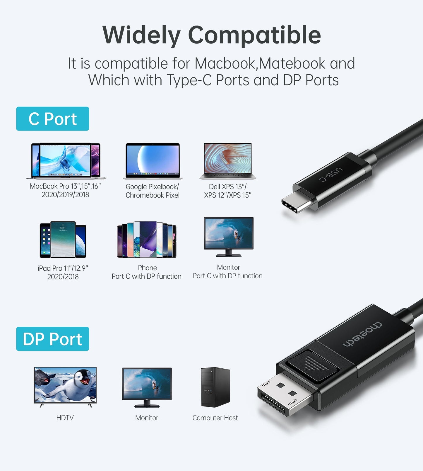 USB-C to DisplayPort Cable – 8K@30Hz, 6ft, Two-Way Support