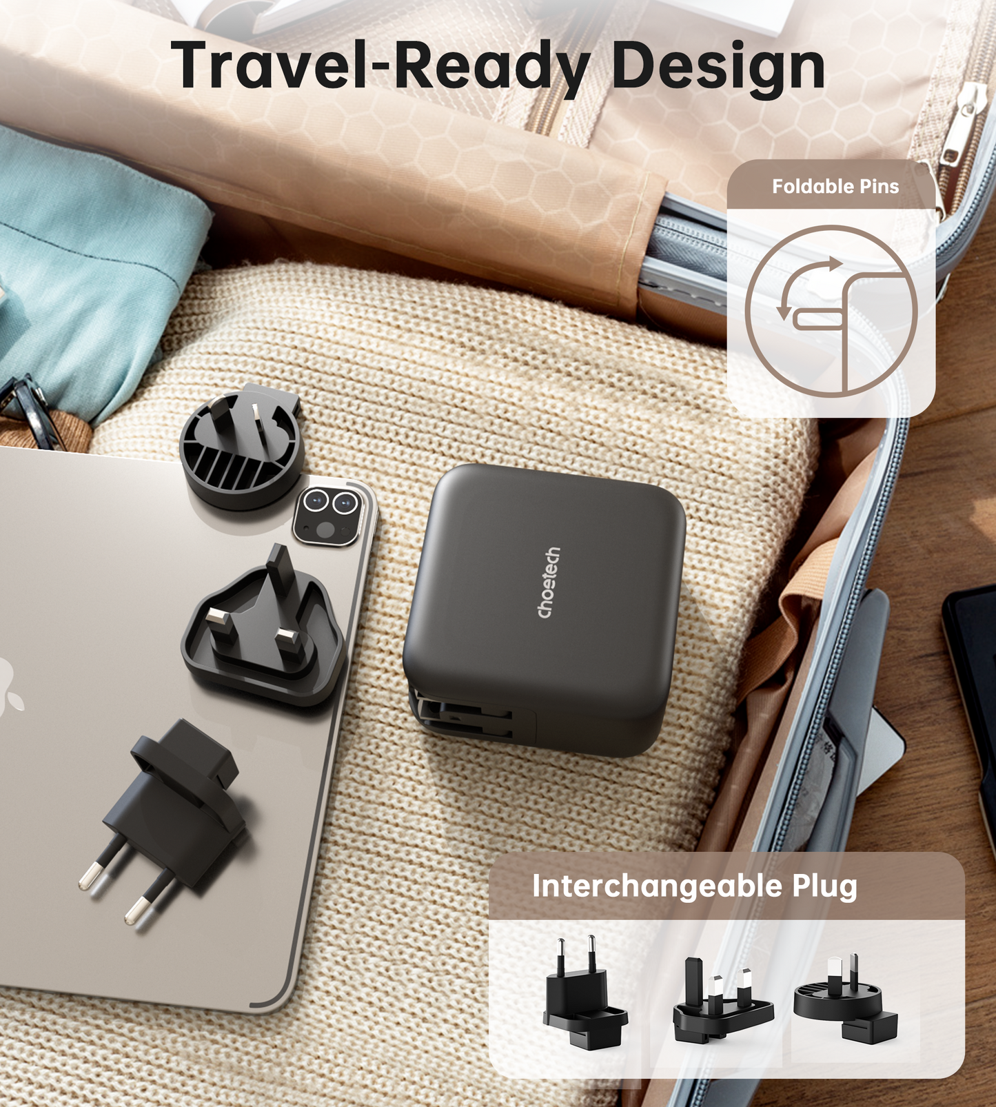70W GaN Wall Charger – 3×USB‑C + USB‑A Fast Charging