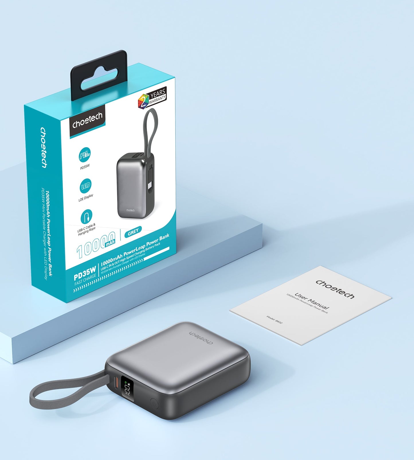 10000mAh Mini Power Bank – 35W with USB-C Cable, Grey