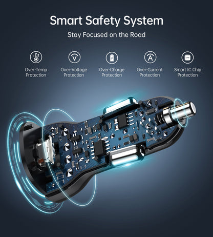 38W Car Charger – Dual QC3.0 + PD20W Fast Charging Ports