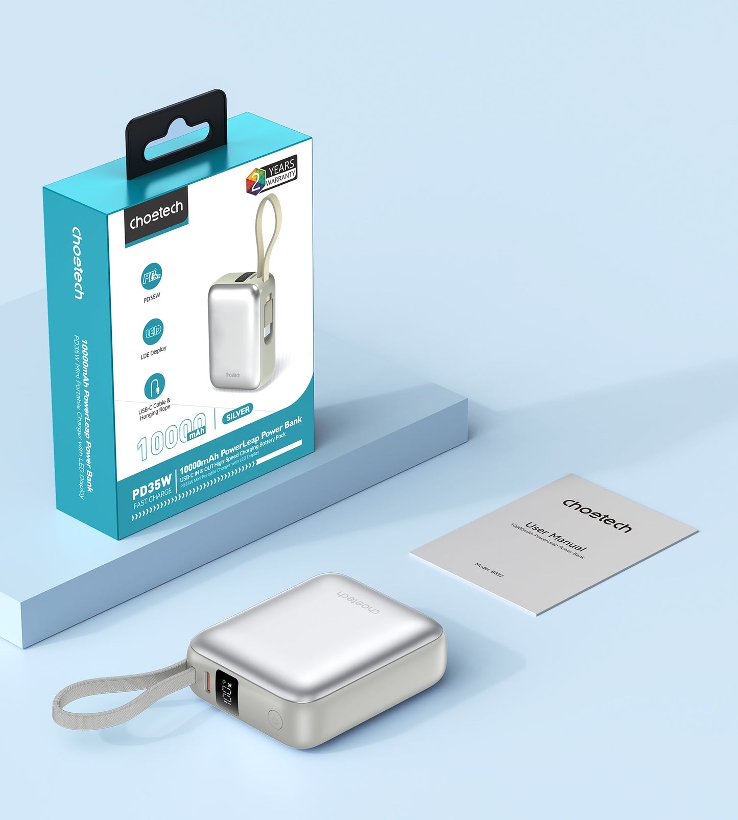 10000mAh Mini Power Bank – 35W with USB-C Cable, Silver
