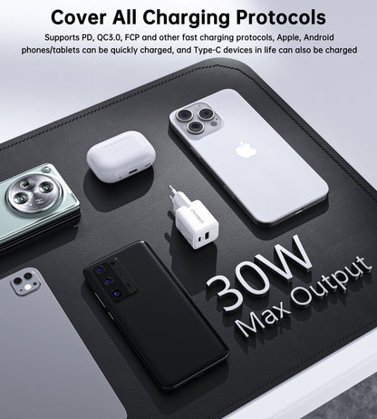 30W GaN USB-C & USB-A Charger – Dual Port, EU Plug