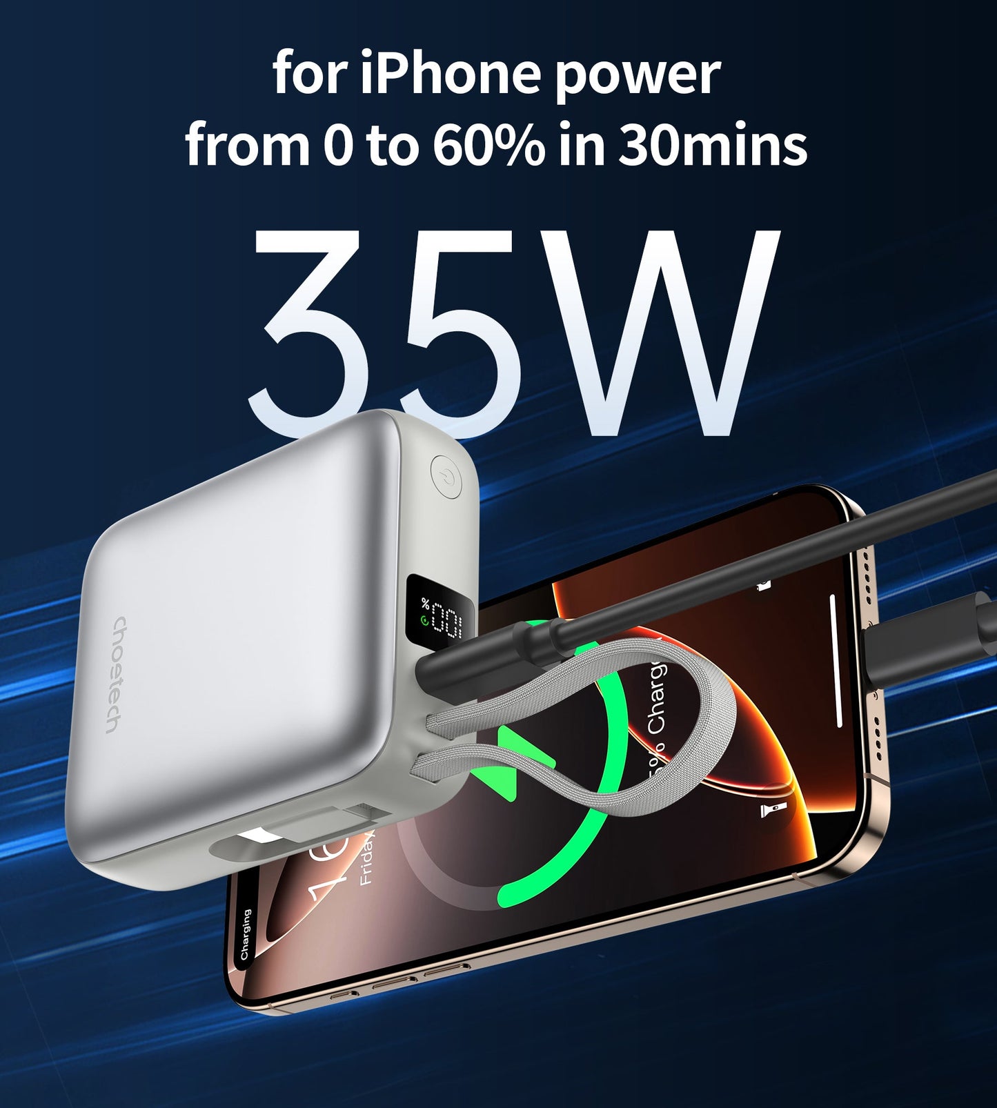 10000mAh Mini Power Bank – 35W with USB-C Cable, Silver