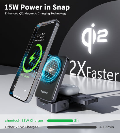 15W Qi2 Foldable 3-in-1 Magnetic Wireless Charger Black