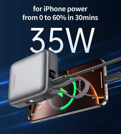 10000mAh Mini Power Bank – 35W with USB-C Cable, Grey