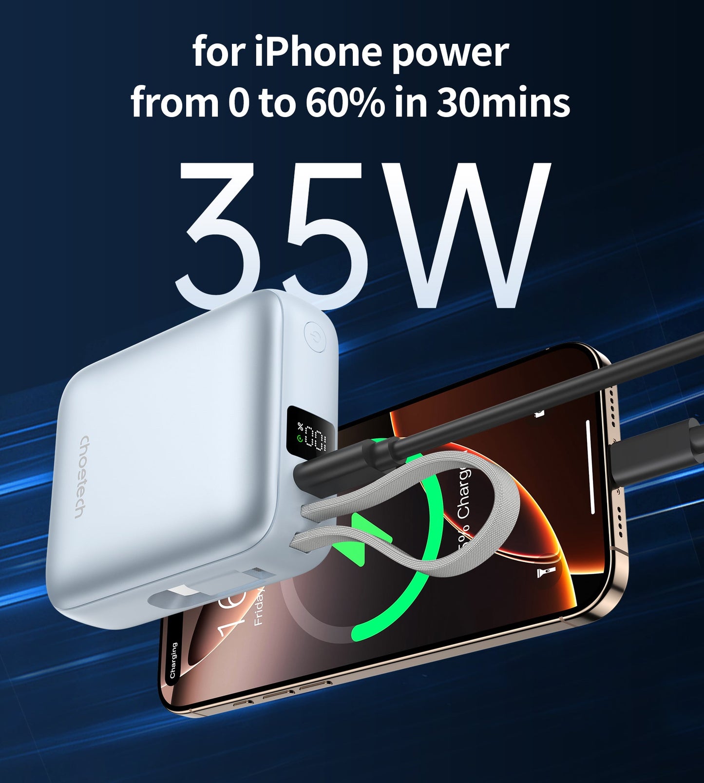 Mini 35W 10000mAh Power Bank – Built-in USB-C, Blue