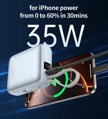 Mini 35W 10000mAh Power Bank – Built-in USB-C, Blue