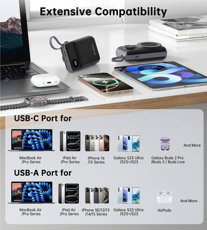 20000mAh Power Bank – LED Display, for Phone & Watch, Black