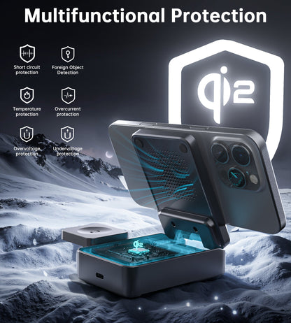 15W Qi2 Foldable 3-in-1 Magnetic Wireless Charger Black