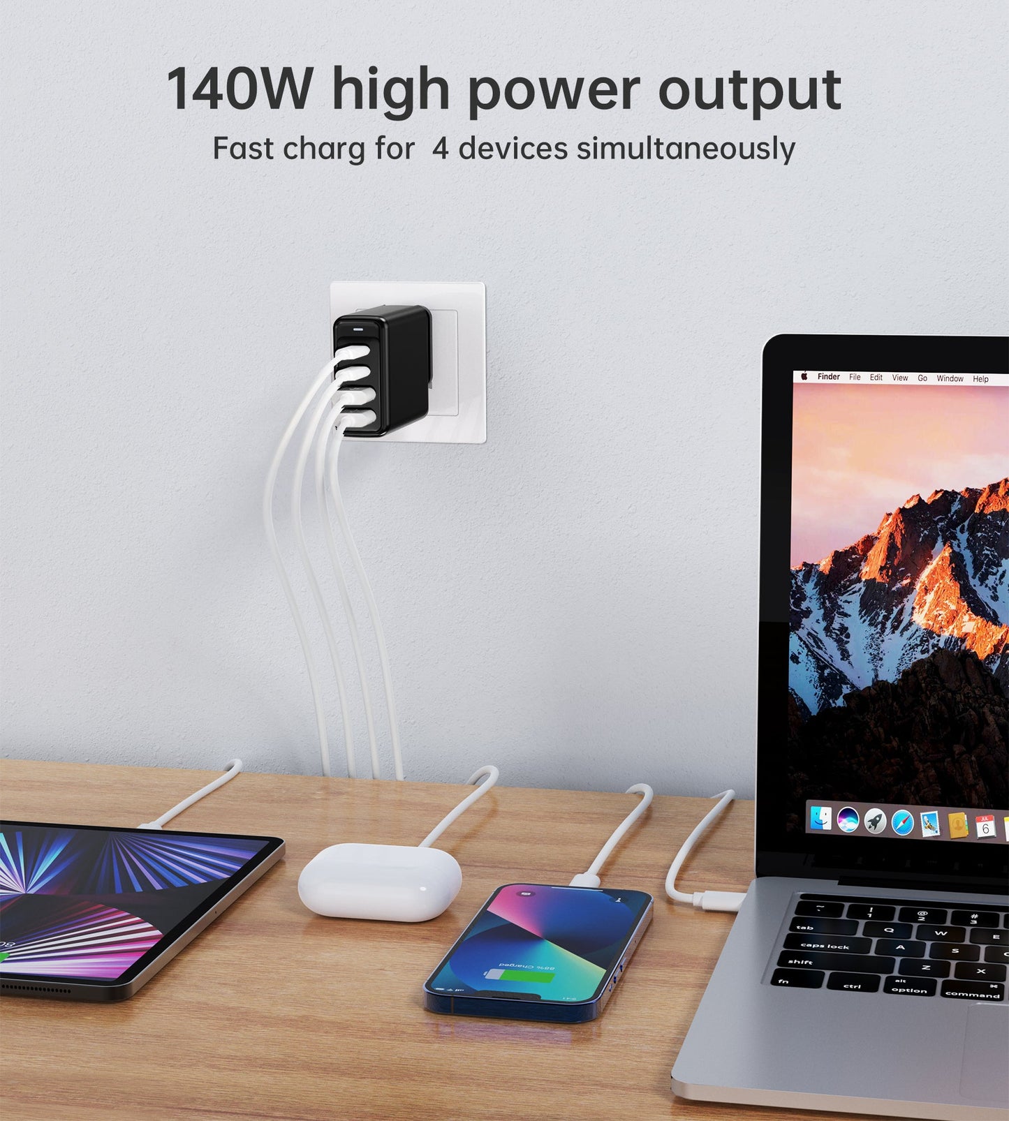 140W GaN Wall Charger – Dual USB-C + Dual USB-A Output