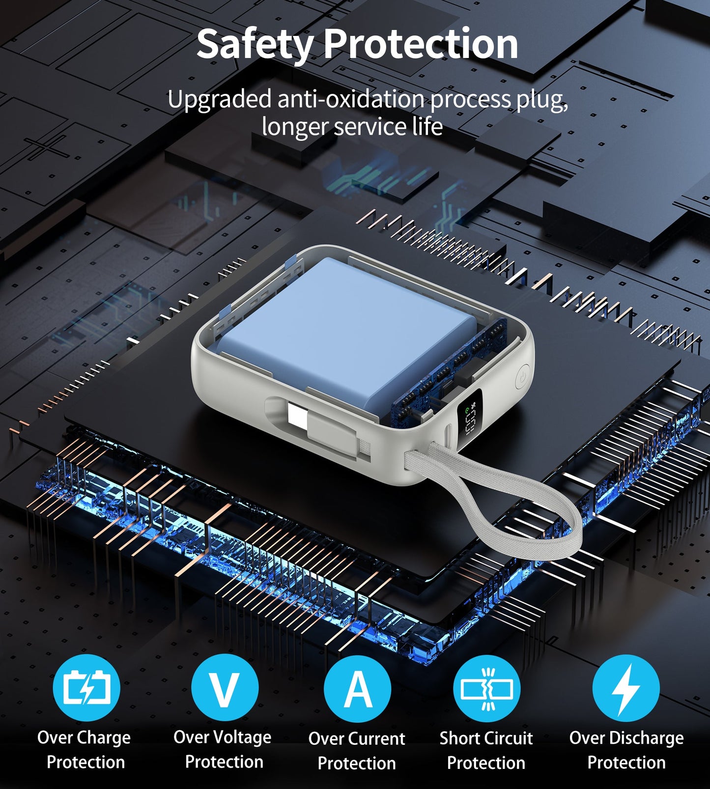 10000mAh Mini Power Bank – 35W with USB-C Cable, Silver