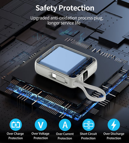 10000mAh Mini Power Bank – 35W with USB-C Cable, Silver