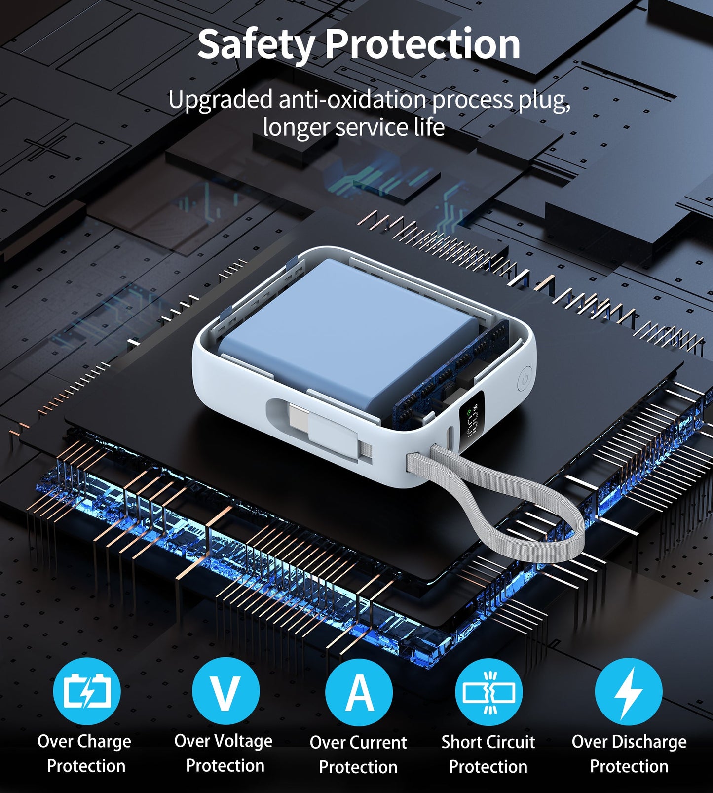 Mini 35W 10000mAh Power Bank – Built-in USB-C, Blue