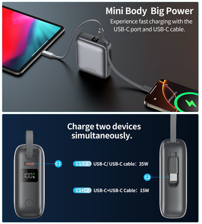 10000mAh Mini Power Bank – 35W with USB-C Cable, Grey