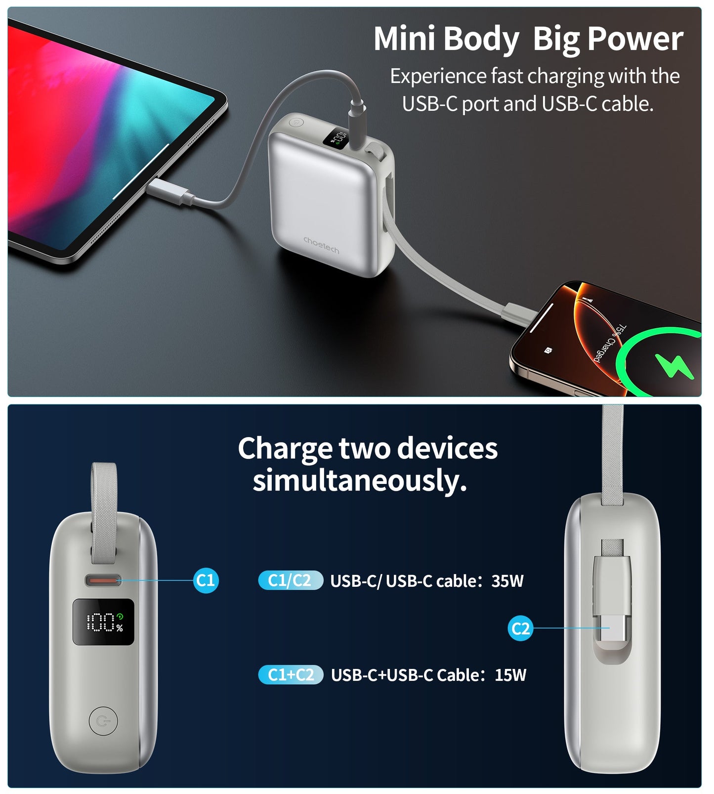 10000mAh Mini Power Bank – 35W with USB-C Cable, Silver