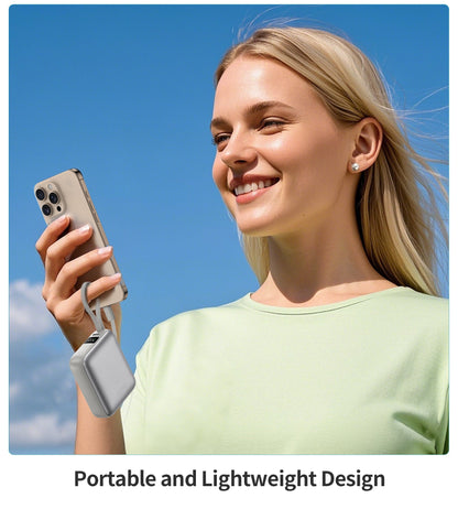 10000mAh Mini Power Bank – 35W with USB-C Cable, Silver