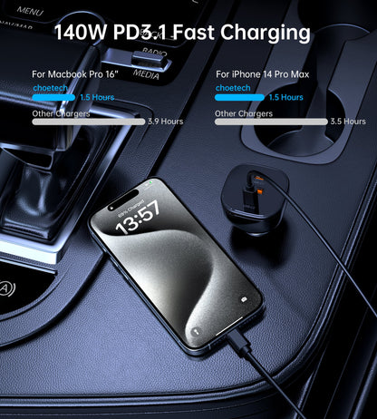 165W Car Charger – 140W PD3.1 USB-C + Dual Fast Ports