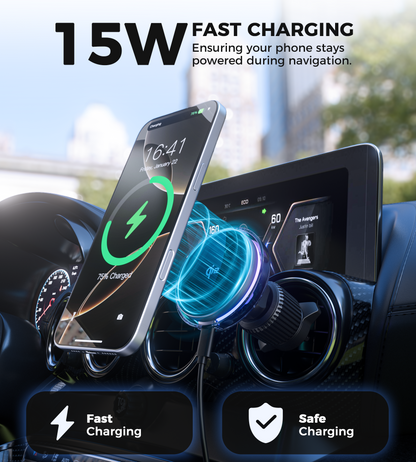 Qi2 Magnetic Car Charger – 15W, RGB Light, for iPhone