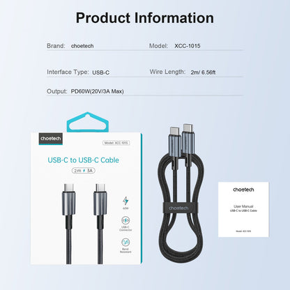 PD60W USB-C to USB-C Cable – Black, 1.2m / 2m