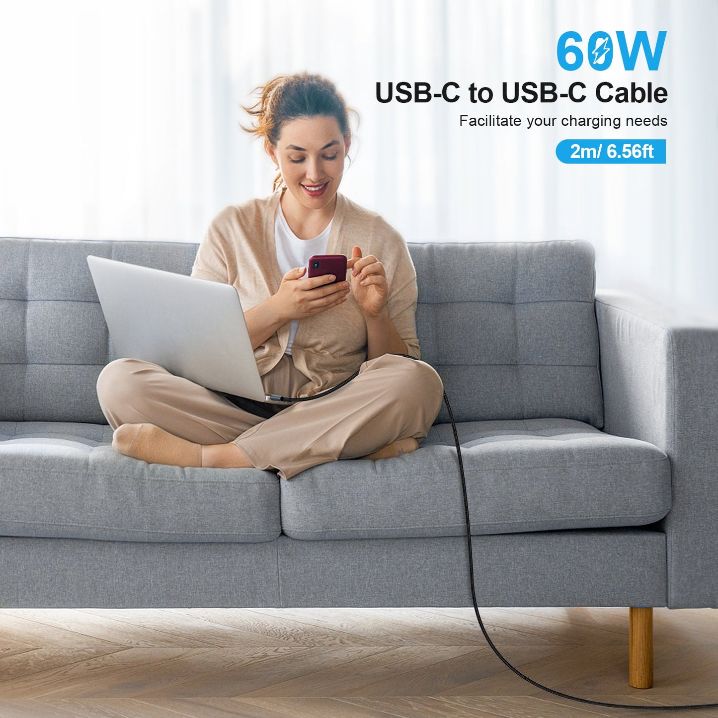 PD60W USB-C to USB-C Cable – Black, 1.2m / 2m