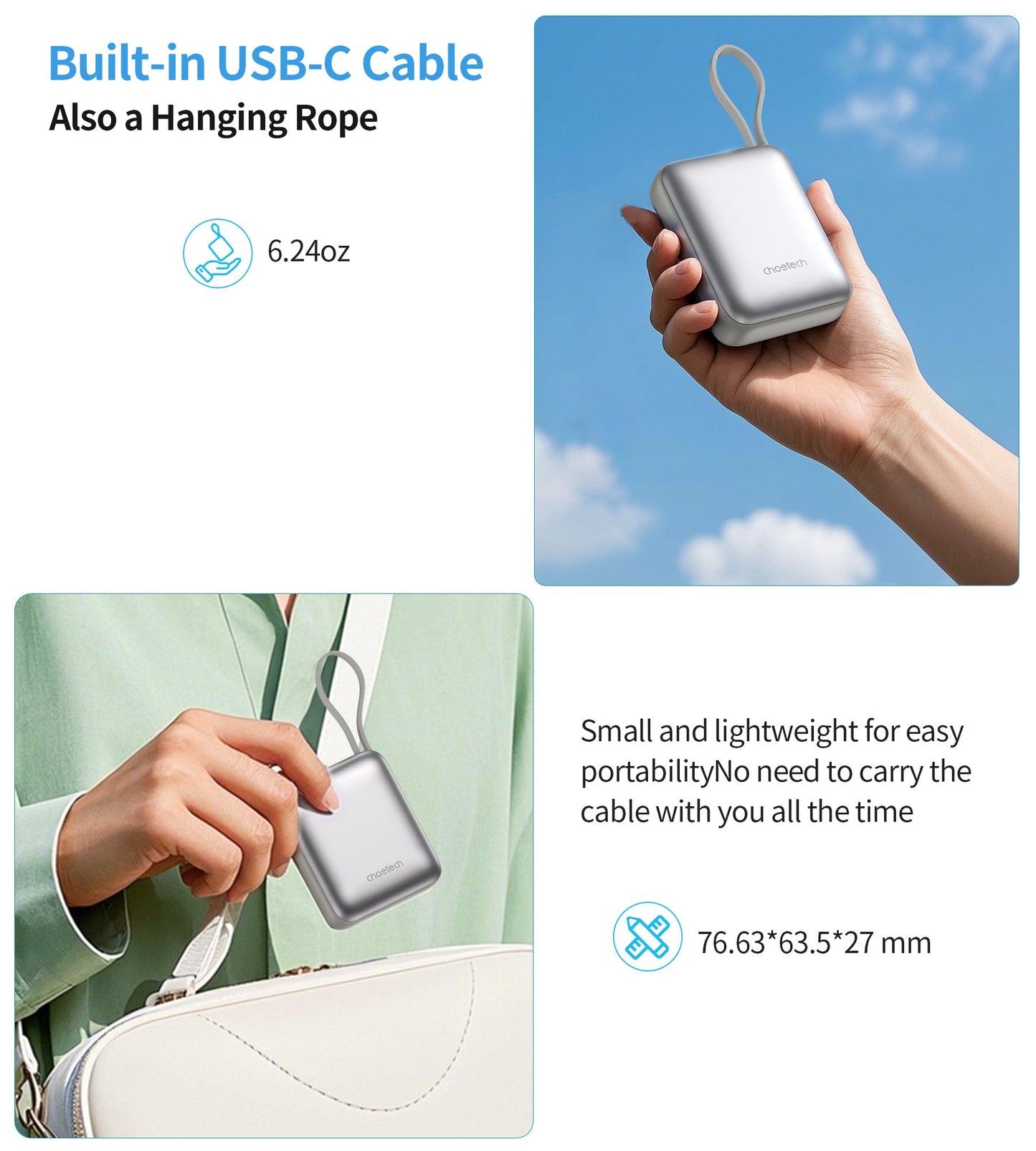 10000mAh Mini Power Bank – 35W with USB-C Cable, Silver