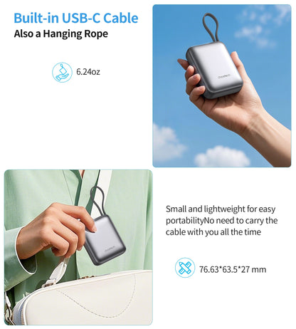 10000mAh Mini Power Bank – 35W with USB-C Cable, Grey