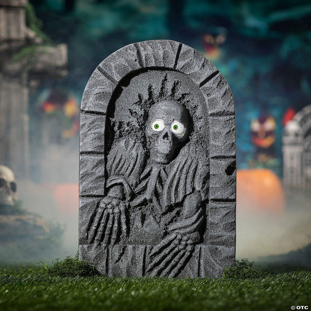 2 Ft. Gray Skeleton Tombstone with Moving Eyes Halloween Decoration