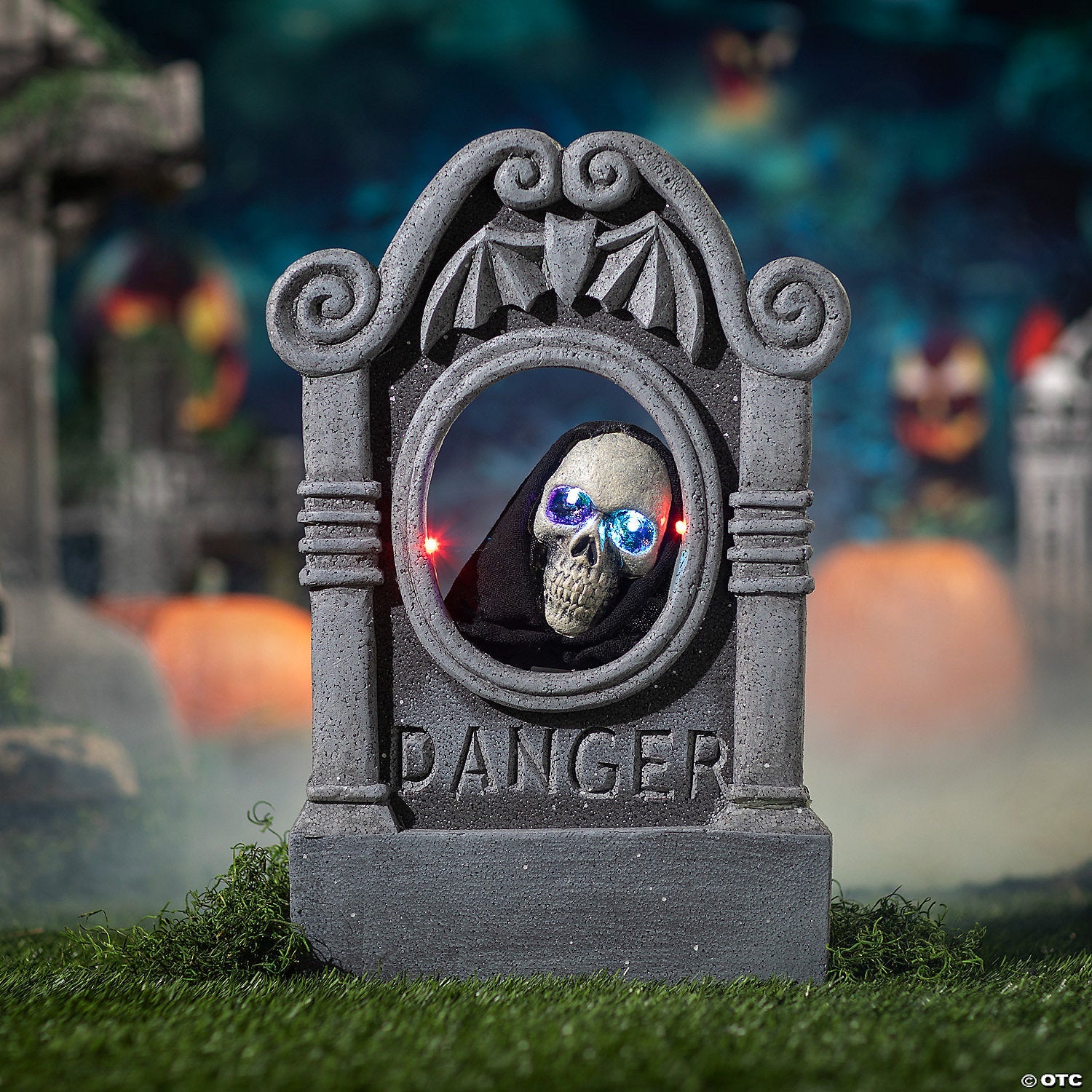 22" Gray Tombstone with Light-Up Moving Skeleton Head Halloween Decoration