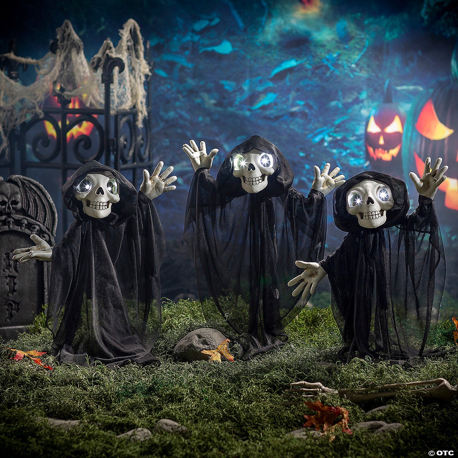 23 1/2" Light-Up Eyes Yard Stake Grinning Reapers Set – 3 Pc.