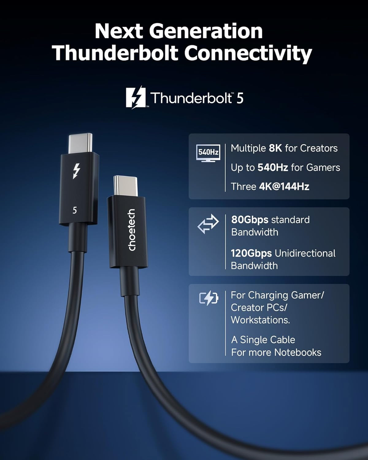 Thunderbolt 5 Cable – Intel Certified 80 Gbps & 240 W PD, 2.6 ft