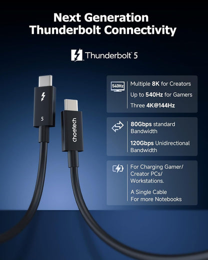 Thunderbolt 5 Cable – Intel Certified 80 Gbps & 240 W PD, 2.6 ft