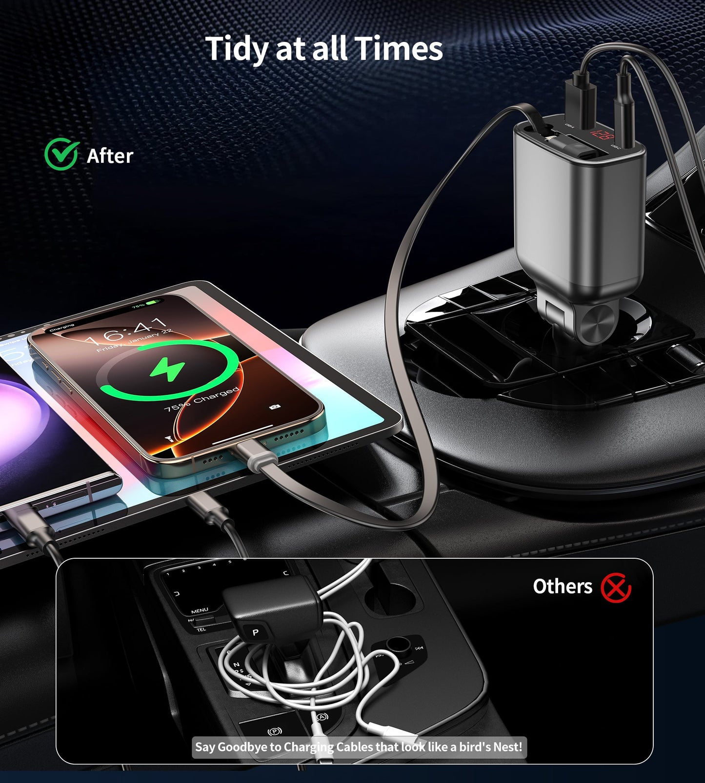 45W Retractable Car Charger – PD30W C + 30W A, Black