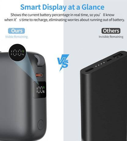 10000mAh Mini Power Bank – 35W with USB-C Cable, Grey