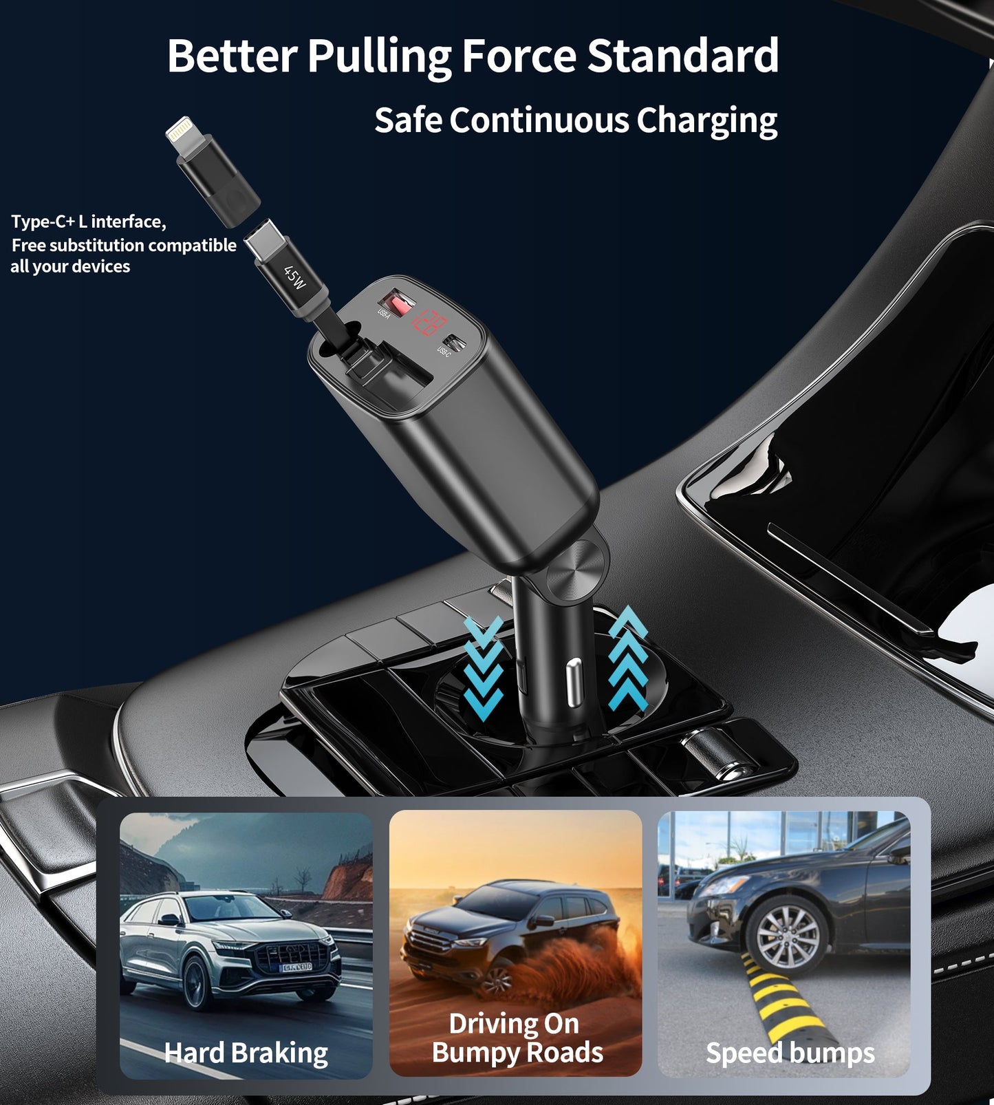 45W Retractable Car Charger – PD30W C + 30W A, Black