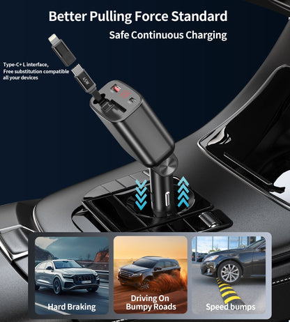 45W Retractable Car Charger – PD30W C + 30W A, Black