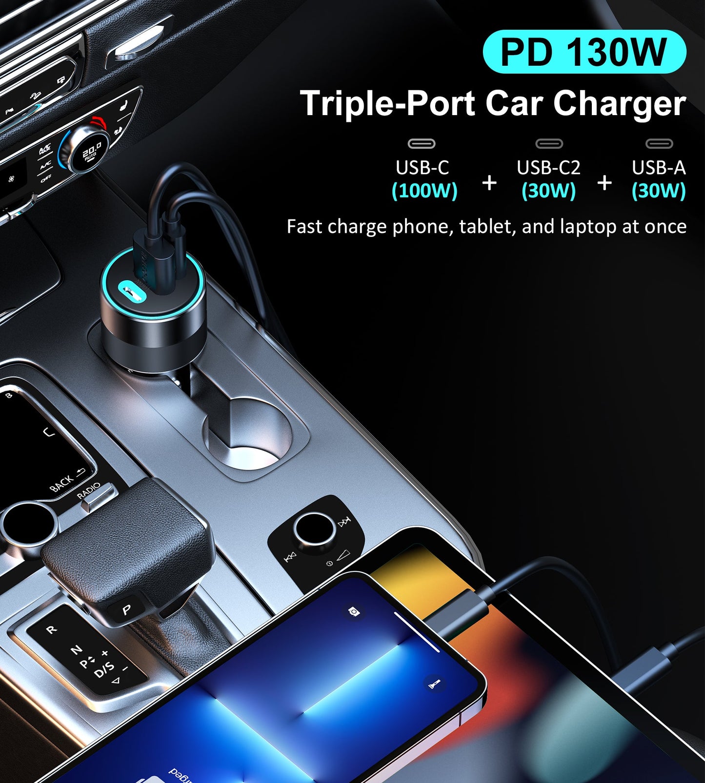 130W Car Charger – PD100W USB-C + Dual Fast Ports